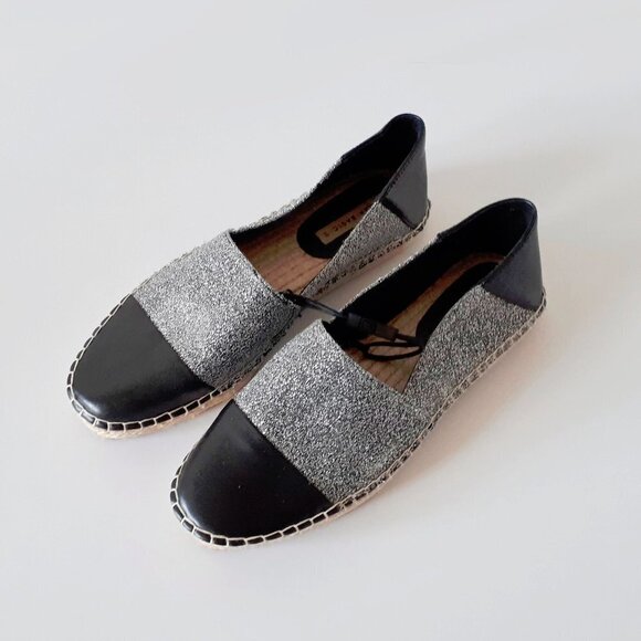 NWT Zara black faux leather & grey glitter raffia espadrille flats, 9 - Picture 4 of 9